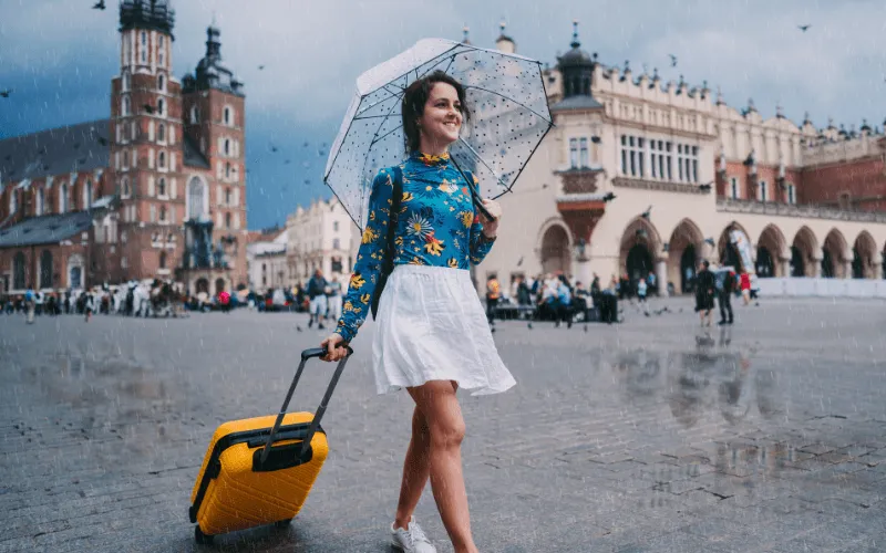 Smiling-female-traveller-walking-through-rainy-city
